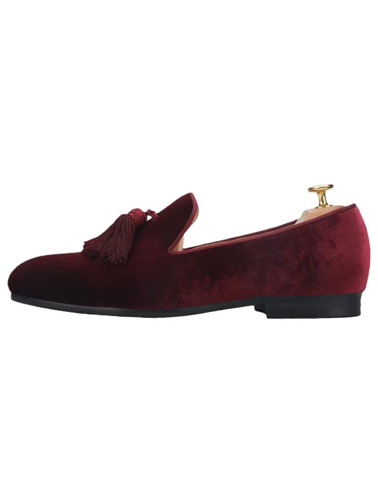 Imported burgundy red silk men's tassel loafers exported to Europe and the United States wedding party formal wear smoking shoes
