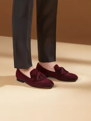Imported burgundy red silk men's tassel loafers exported to Europe and the United States wedding party formal wear smoking shoes