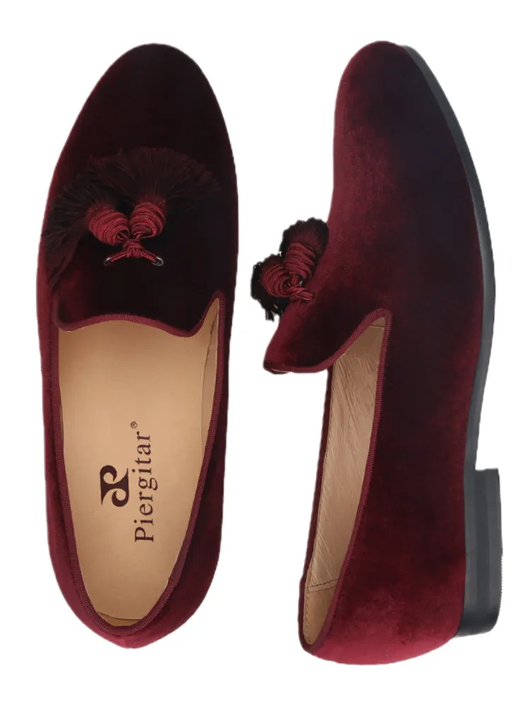 Imported burgundy red silk men's tassel loafers exported to Europe and the United States wedding party formal wear smoking shoes