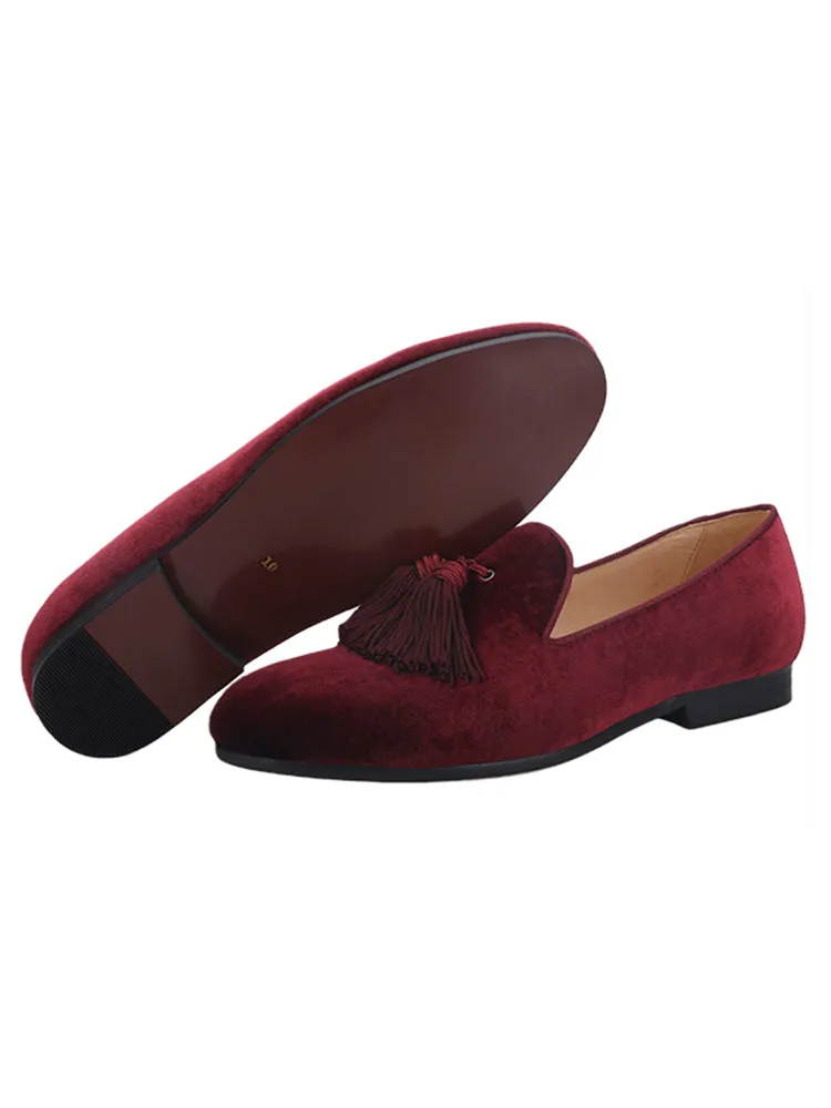 Imported burgundy red silk men's tassel loafers exported to Europe and the United States wedding party formal wear smoking shoes