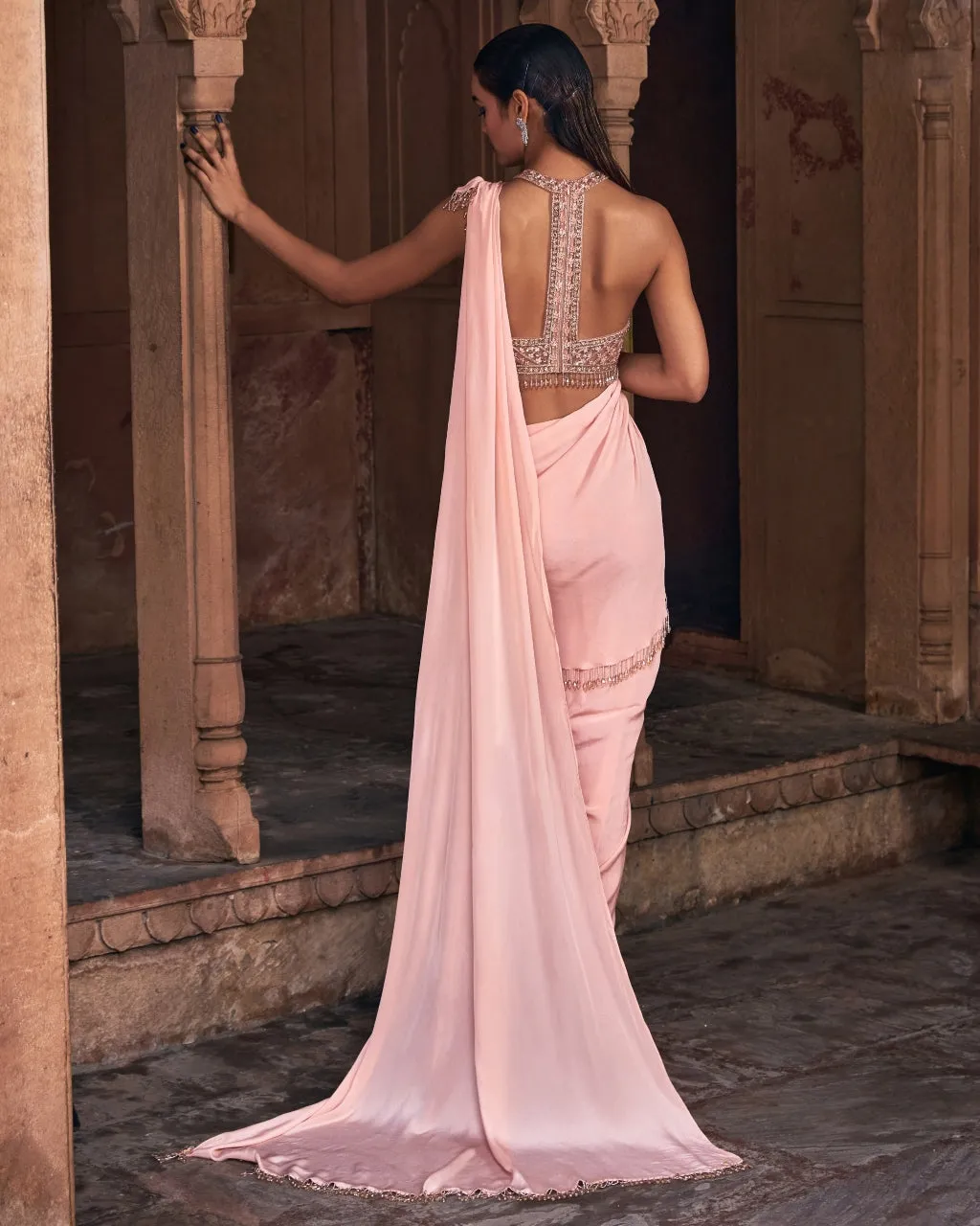 Jasime Champagne Gold Embroidered Sari Set