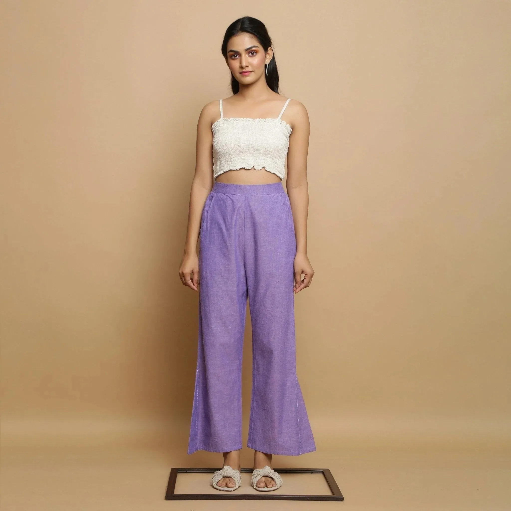 Lavender Mangalgiri Cotton Elasticated Mid-Rise Pant