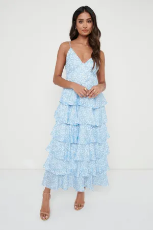 Lissy Ruffle Midaxi Dress - Blue Abstract