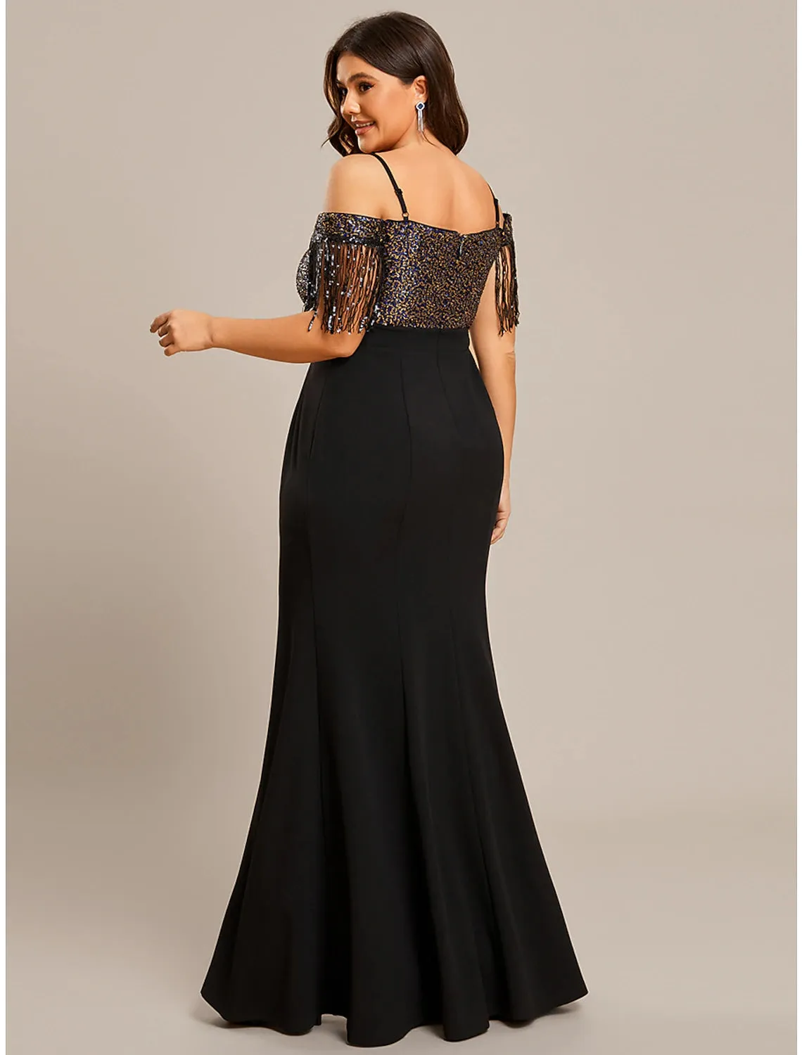 Luolandi Mermaid / Trumpet Wedding Guest Dresses Minimalist Dress Formal Floor Length Short Sleeve Off Shoulder Stretch Fabric with Fringe