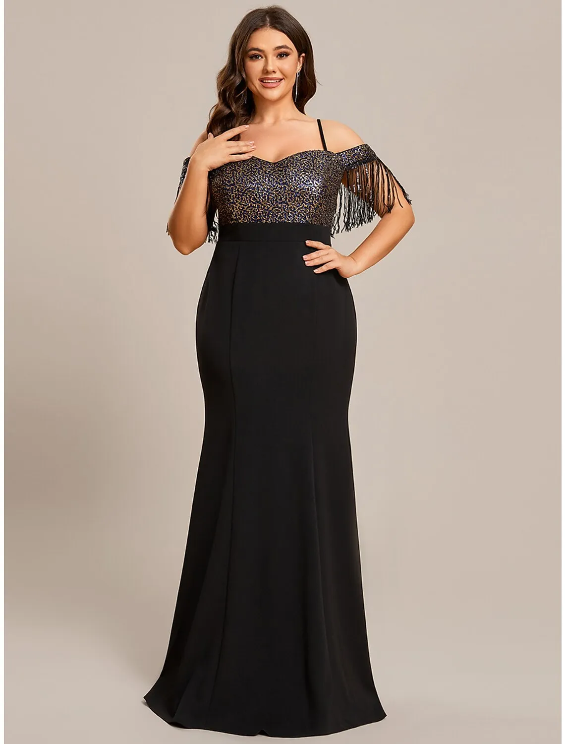 Luolandi Mermaid / Trumpet Wedding Guest Dresses Minimalist Dress Formal Floor Length Short Sleeve Off Shoulder Stretch Fabric with Fringe