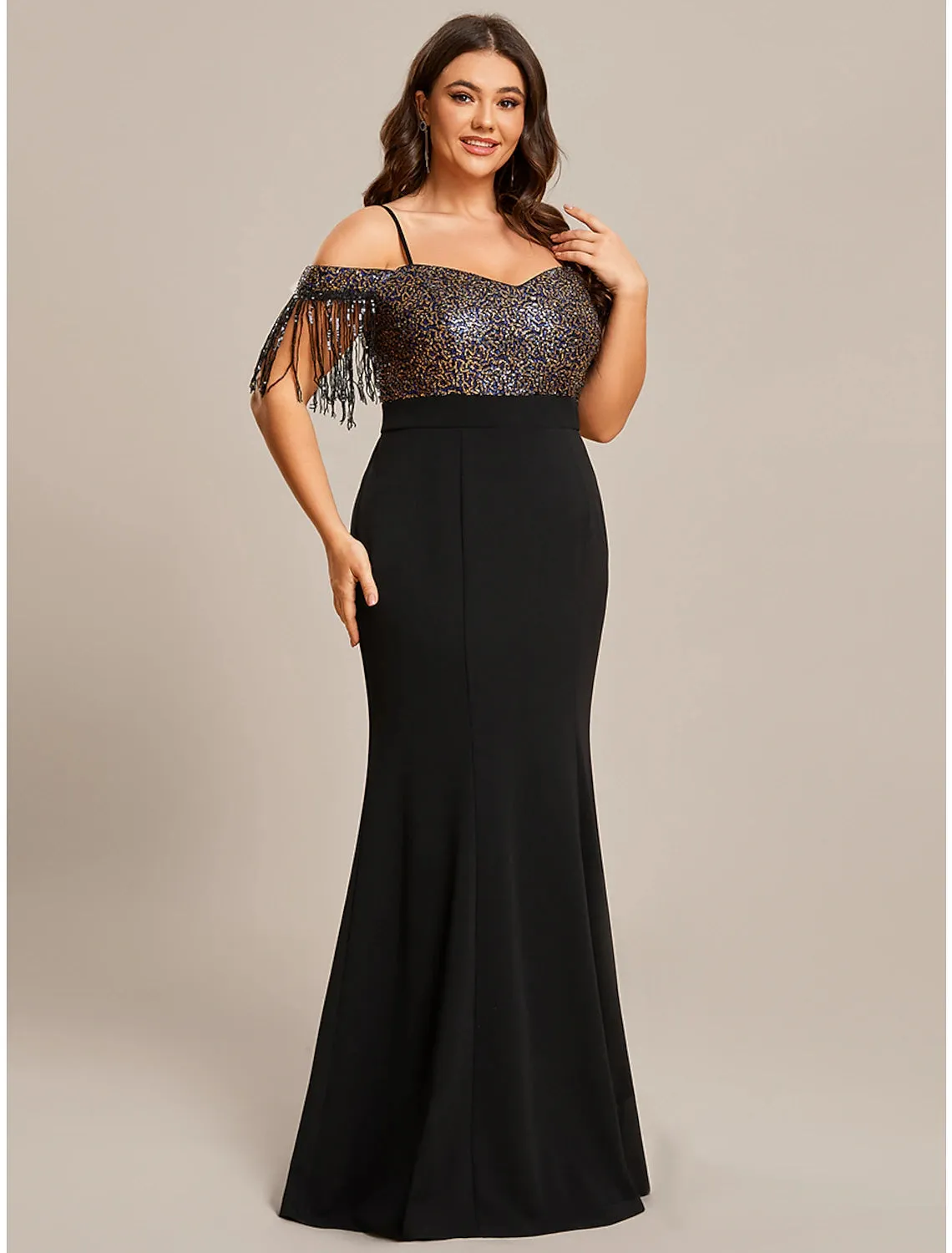 Luolandi Mermaid / Trumpet Wedding Guest Dresses Minimalist Dress Formal Floor Length Short Sleeve Off Shoulder Stretch Fabric with Fringe