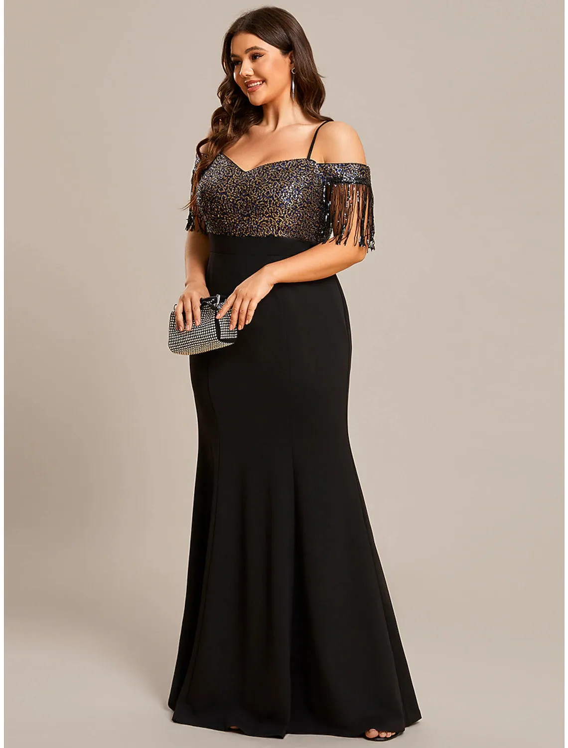 Luolandi Mermaid / Trumpet Wedding Guest Dresses Minimalist Dress Formal Floor Length Short Sleeve Off Shoulder Stretch Fabric with Fringe