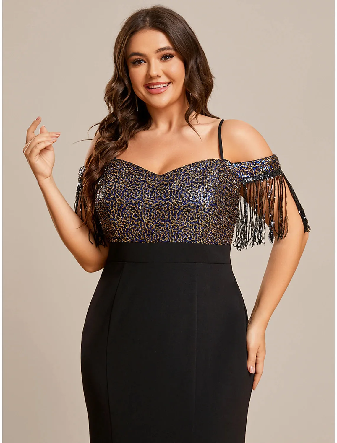Luolandi Mermaid / Trumpet Wedding Guest Dresses Minimalist Dress Formal Floor Length Short Sleeve Off Shoulder Stretch Fabric with Fringe