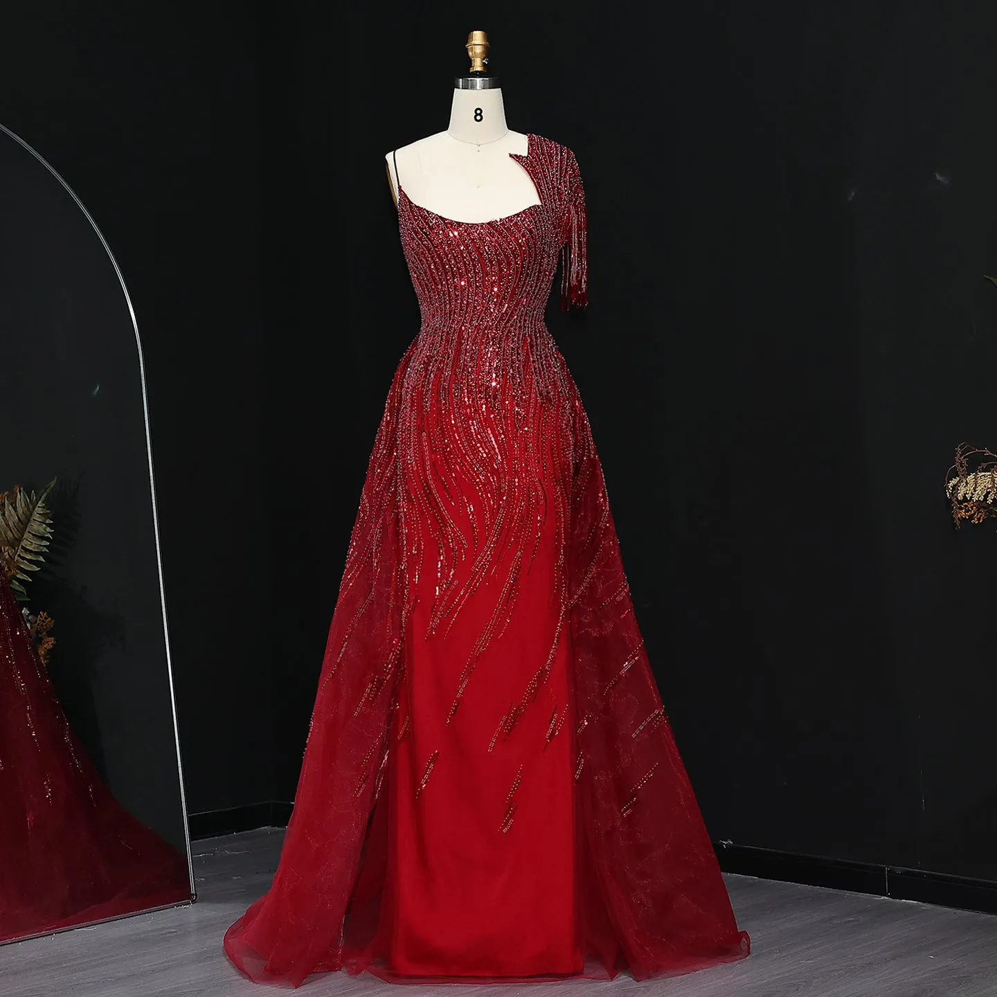 Luxury Beaded Tassel Red One Shoulder Evening Dress with Overskirt SS008