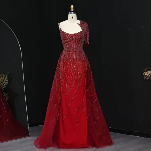 Luxury Beaded Tassel Red One Shoulder Evening Dress with Overskirt SS008