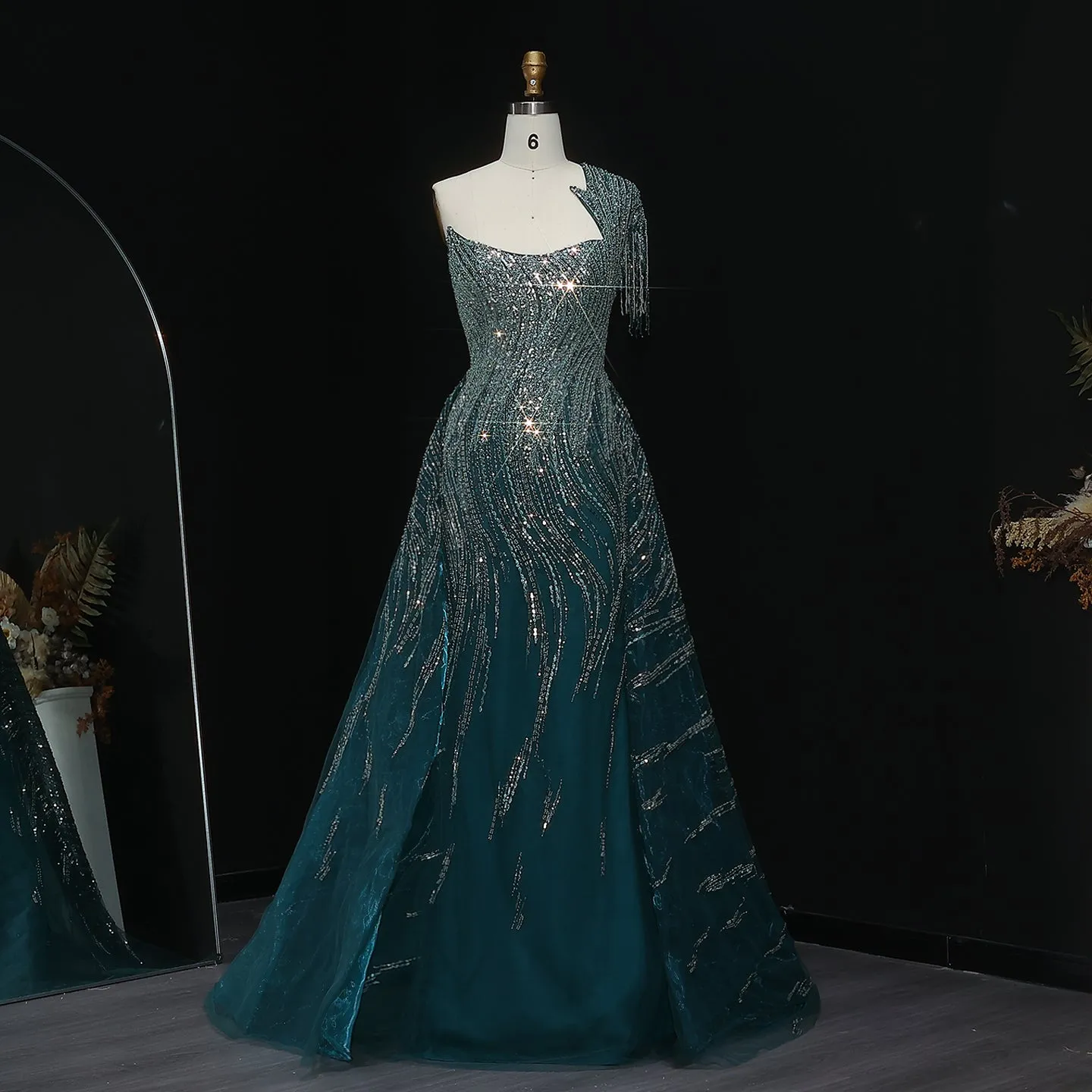 Luxury Beaded Tassel Red One Shoulder Evening Dress with Overskirt SS008