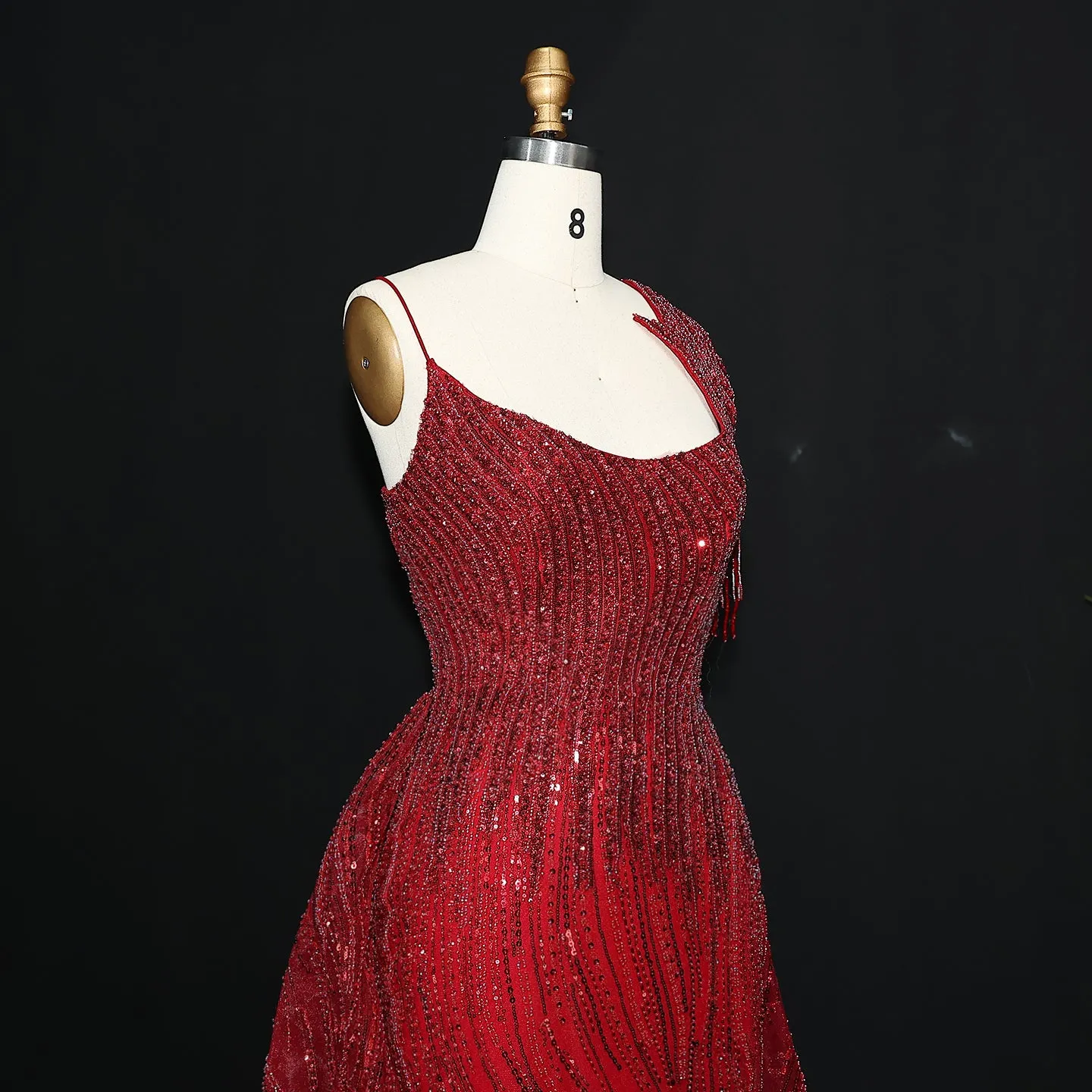 Luxury Beaded Tassel Red One Shoulder Evening Dress with Overskirt SS008