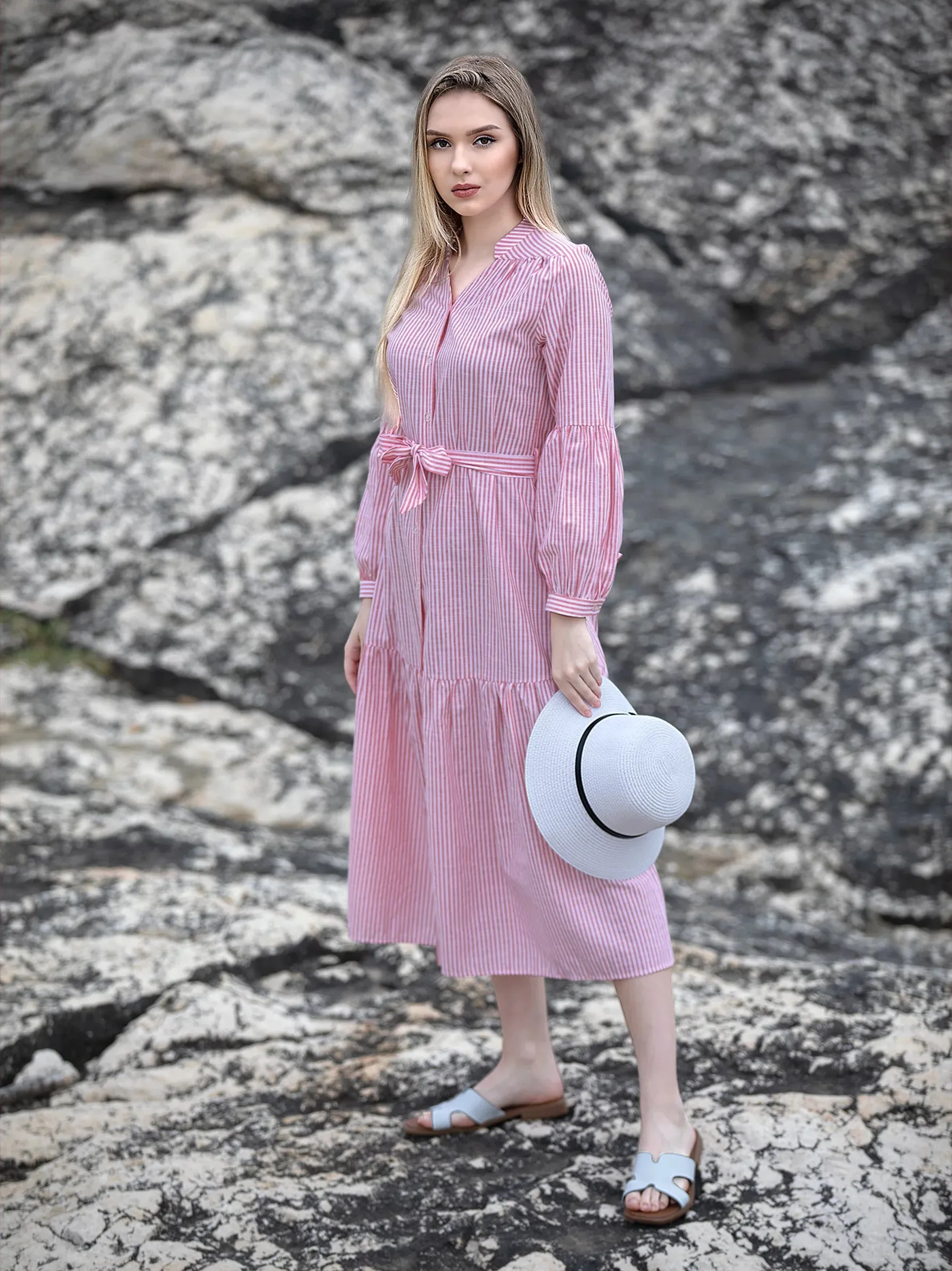 Pink Striped Flare Shirt Dress