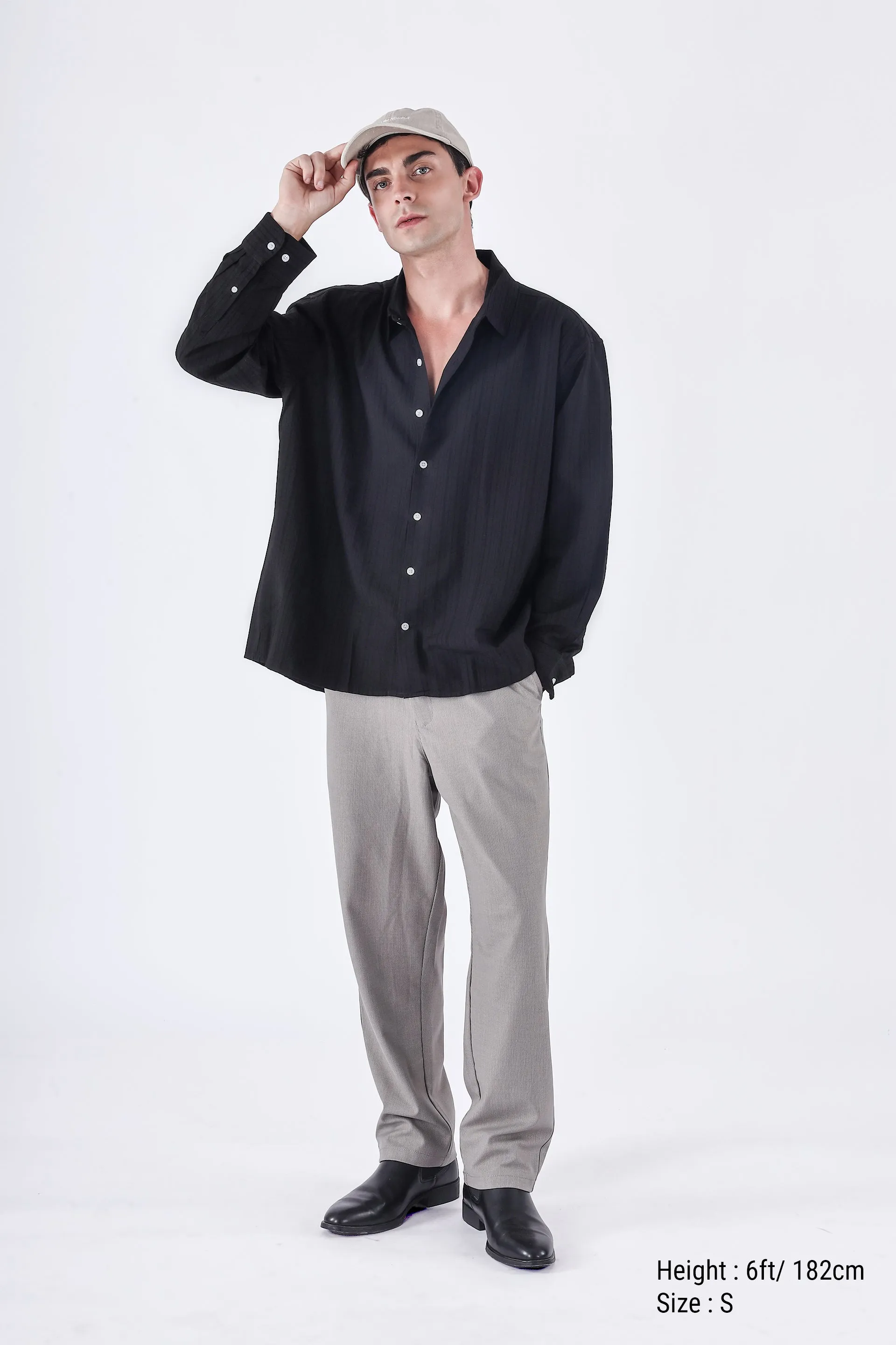 RELAXED STRIPED DRAPE SHIRT IN BLACK