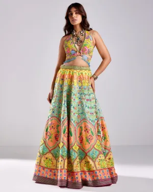 Sage Green Lotus Print Embroidered Lehenga Set