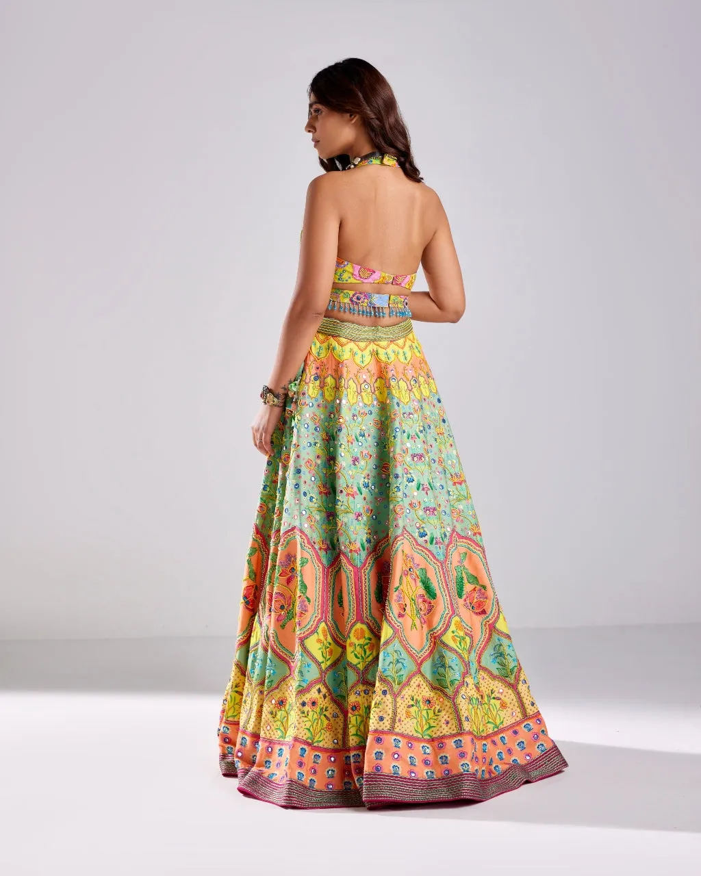 Sage Green Lotus Print Embroidered Lehenga Set