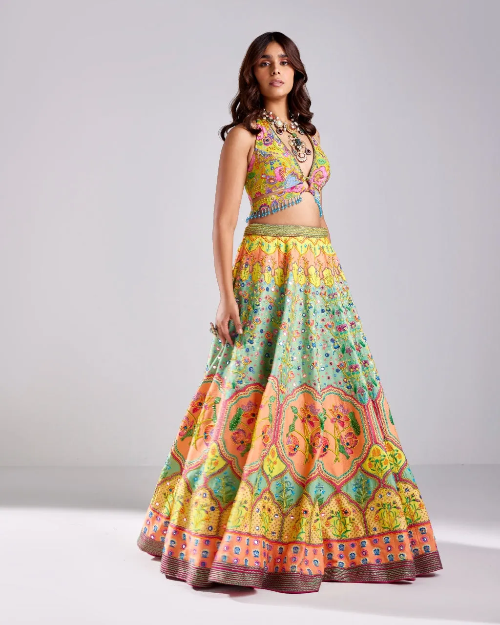Sage Green Lotus Print Embroidered Lehenga Set