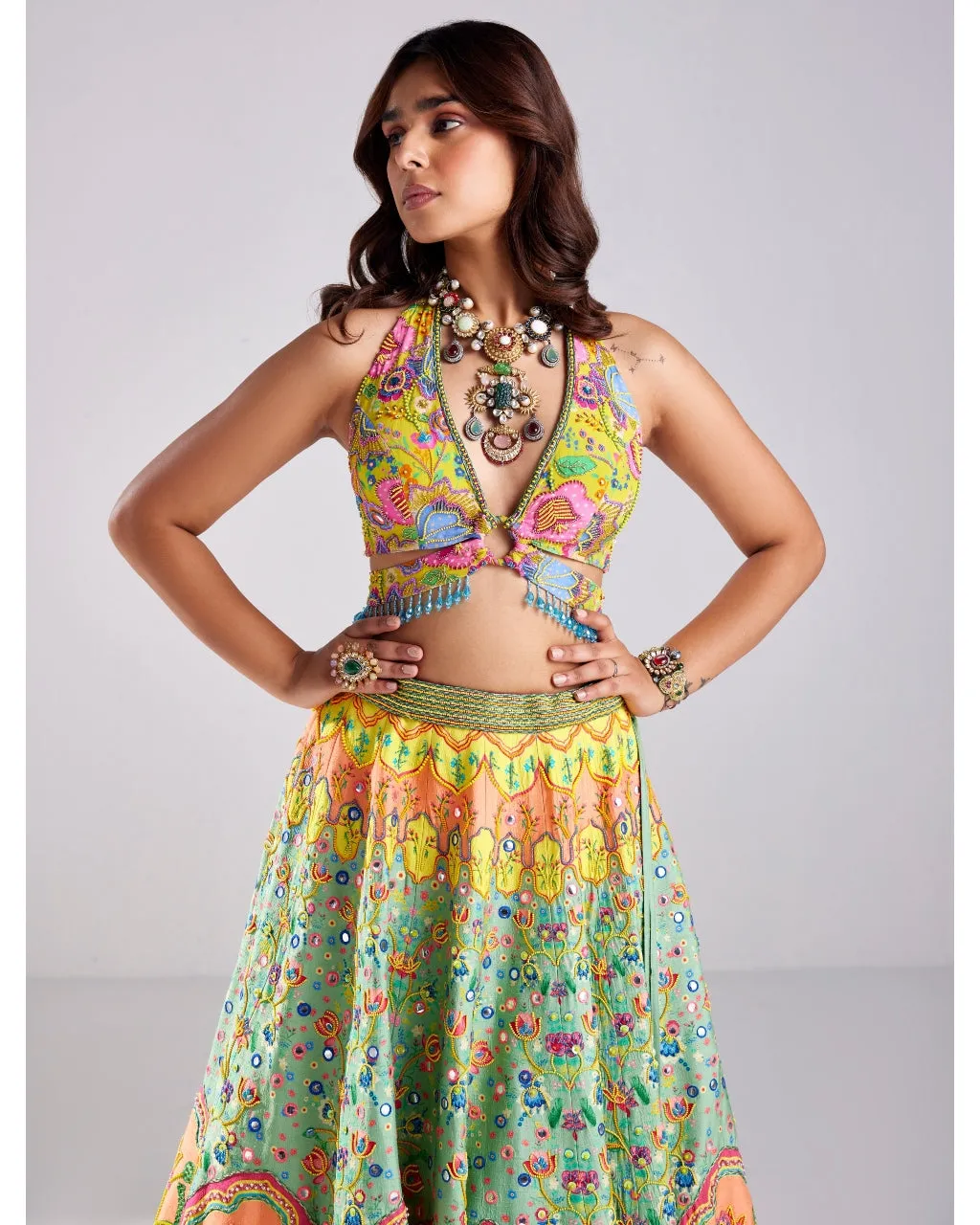 Sage Green Lotus Print Embroidered Lehenga Set