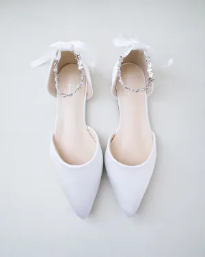 Satin Pointy Toe Wedding Flats with Amaryllis Strap