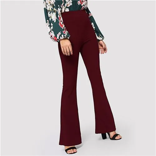SHEIN Burgundy High Waist Flare Hem Solid Pants Women Long Slim Trousers Office Lady Spring Elegant High Street Workwear Pants