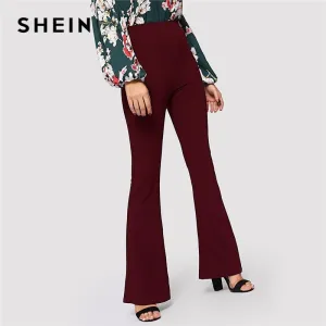 SHEIN Burgundy High Waist Flare Hem Solid Pants Women Long Slim Trousers Office Lady Spring Elegant High Street Workwear Pants
