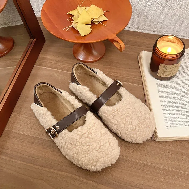 Sohiwoo Vintage Women Fur Flats Shoes Fashion Shallow Belt Buckle Shoes Spring Autumn Ladies Elegant Keep Warm Shoes
