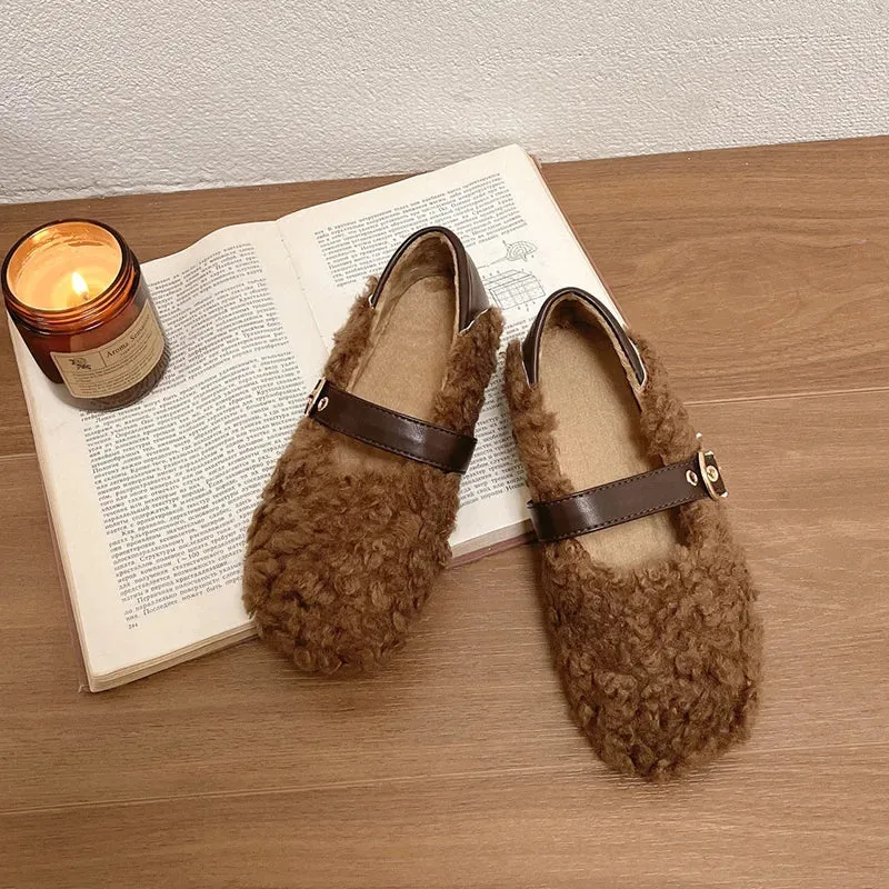 Sohiwoo Vintage Women Fur Flats Shoes Fashion Shallow Belt Buckle Shoes Spring Autumn Ladies Elegant Keep Warm Shoes