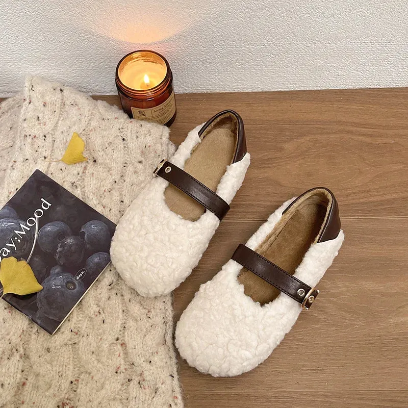 Sohiwoo Vintage Women Fur Flats Shoes Fashion Shallow Belt Buckle Shoes Spring Autumn Ladies Elegant Keep Warm Shoes