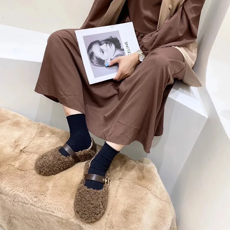 Sohiwoo Vintage Women Fur Flats Shoes Fashion Shallow Belt Buckle Shoes Spring Autumn Ladies Elegant Keep Warm Shoes