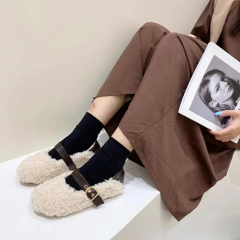 Sohiwoo Vintage Women Fur Flats Shoes Fashion Shallow Belt Buckle Shoes Spring Autumn Ladies Elegant Keep Warm Shoes