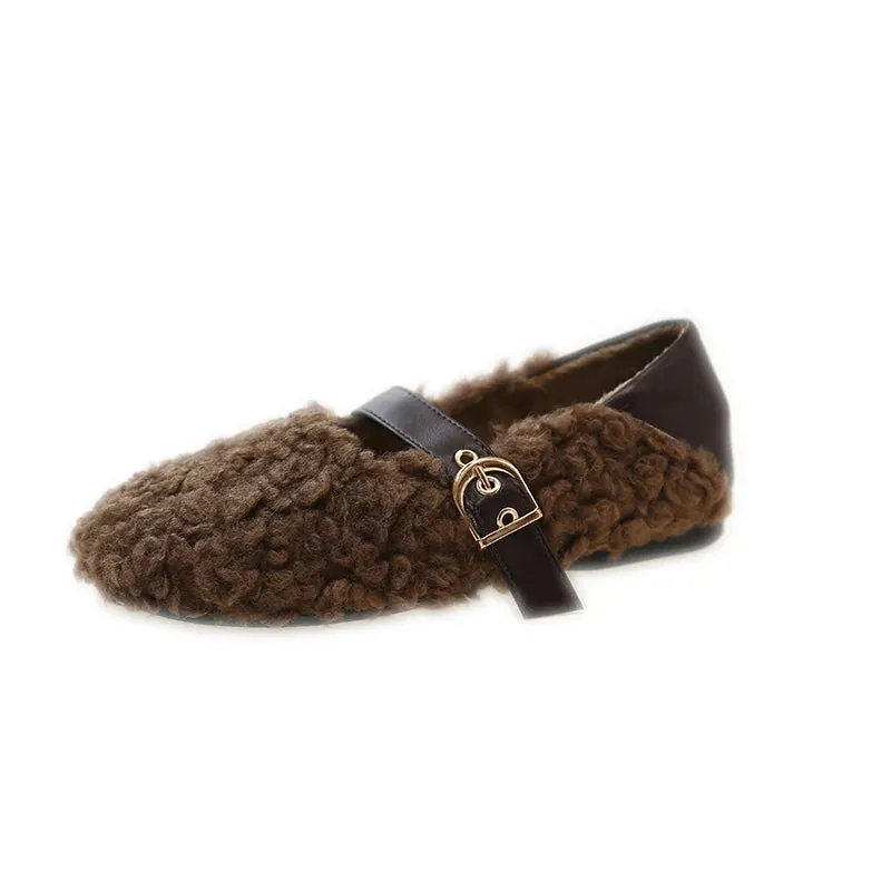 Sohiwoo Vintage Women Fur Flats Shoes Fashion Shallow Belt Buckle Shoes Spring Autumn Ladies Elegant Keep Warm Shoes