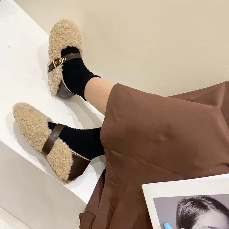 Sohiwoo Vintage Women Fur Flats Shoes Fashion Shallow Belt Buckle Shoes Spring Autumn Ladies Elegant Keep Warm Shoes