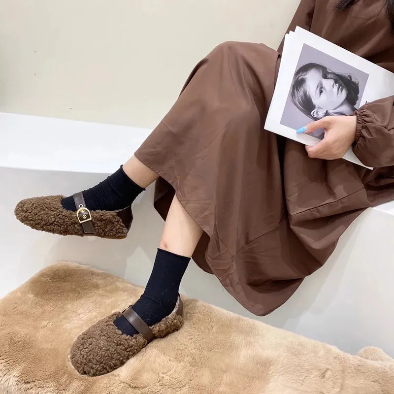 Sohiwoo Vintage Women Fur Flats Shoes Fashion Shallow Belt Buckle Shoes Spring Autumn Ladies Elegant Keep Warm Shoes