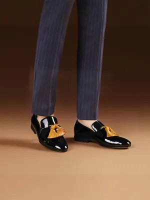 Summer and autumn imported patent leather men's slip-on loafers European and American wedding formal shoes gold tassel shoes smoking shoes
