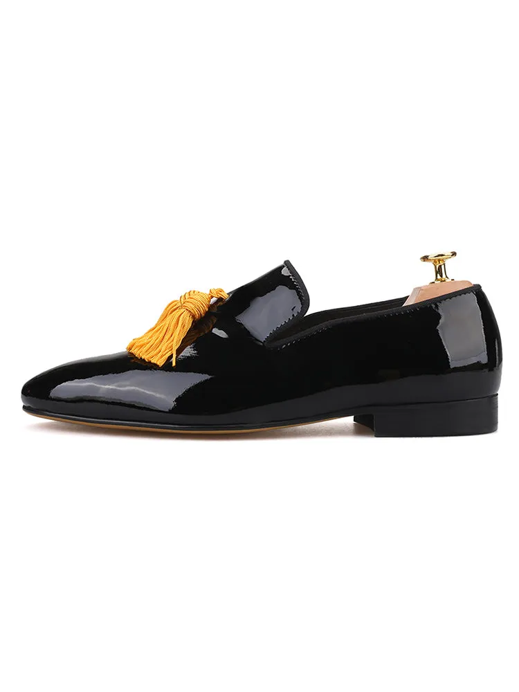 Summer and autumn imported patent leather men's slip-on loafers European and American wedding formal shoes gold tassel shoes smoking shoes
