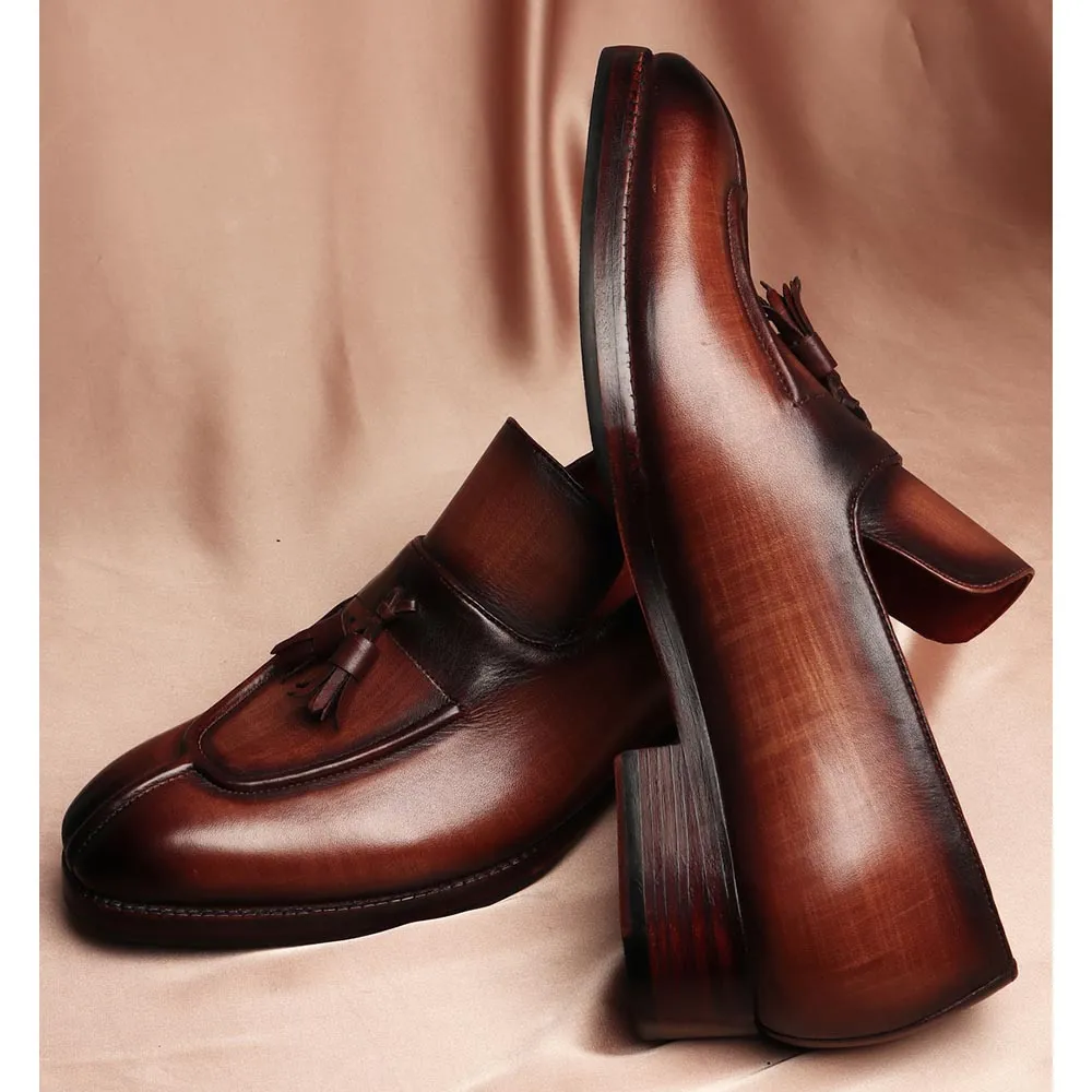 Tan Check Patina Mirror Glossed Tassel Loafers