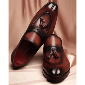 Tan Check Patina Mirror Glossed Tassel Loafers