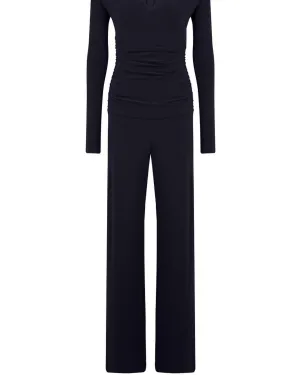 V Neck Longsleeve Shirred Waist Jumpsuit In Midnight | Midnight