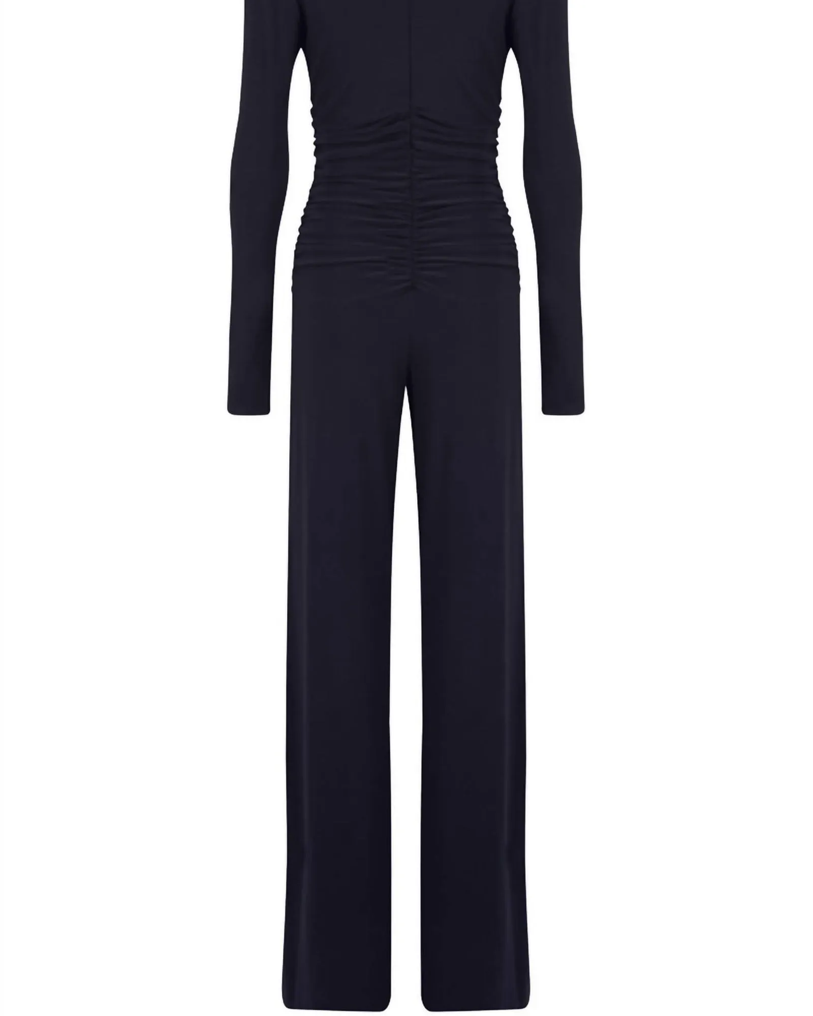 V Neck Longsleeve Shirred Waist Jumpsuit In Midnight | Midnight