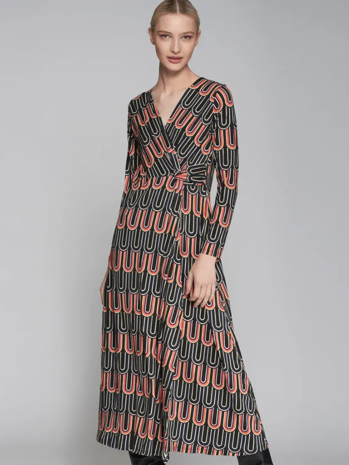 Vilagallo AMELIA Black Multi Patterned Wrap Dress 31922