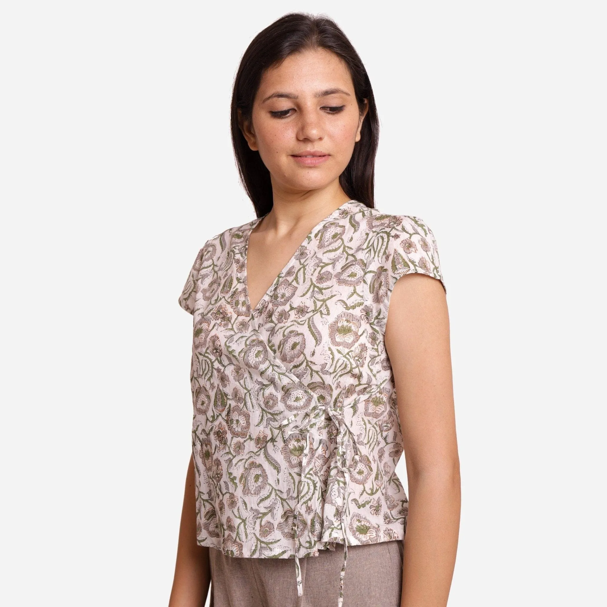 White Floral Block Print Cotton Surplice Neck Wrap Top