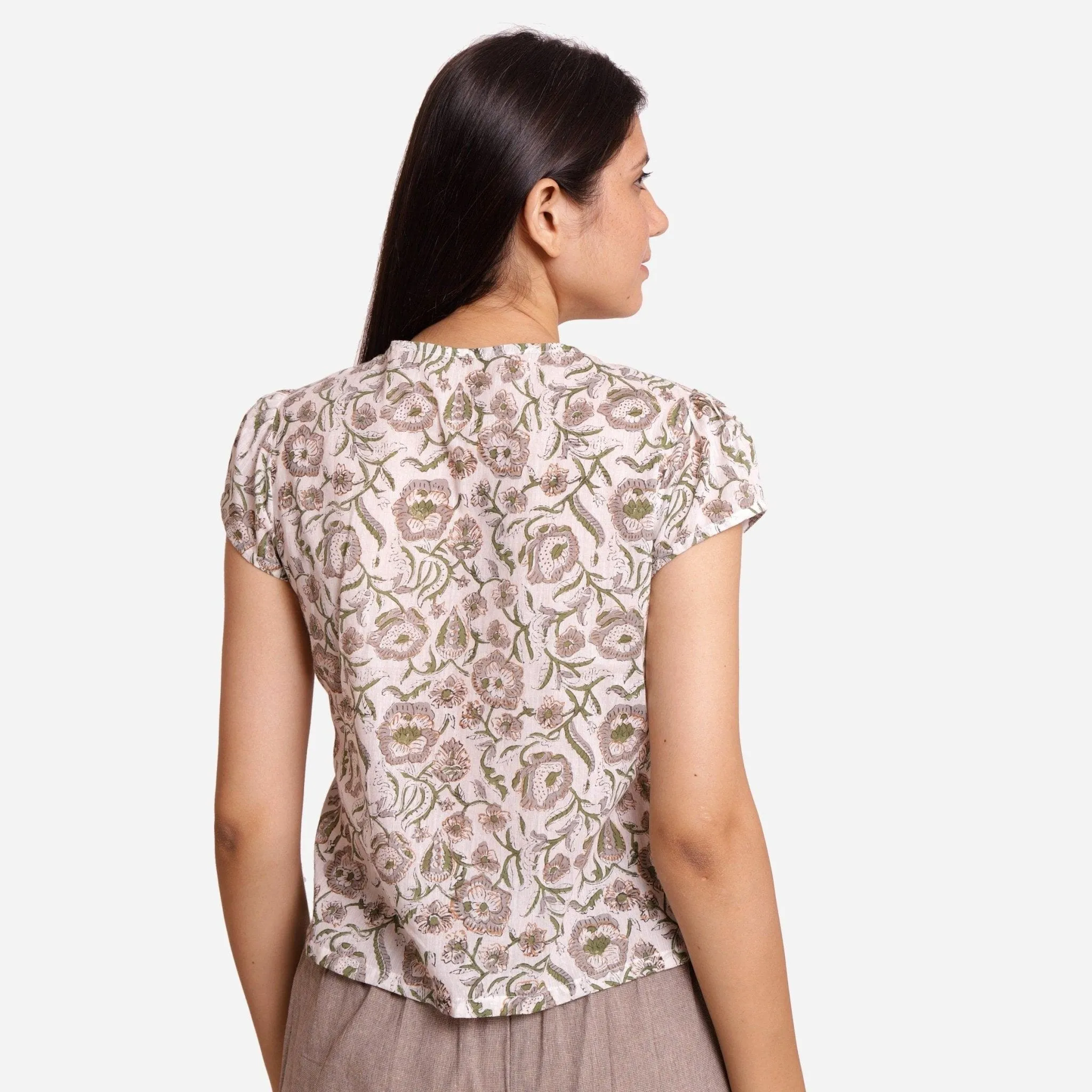 White Floral Block Print Cotton Surplice Neck Wrap Top