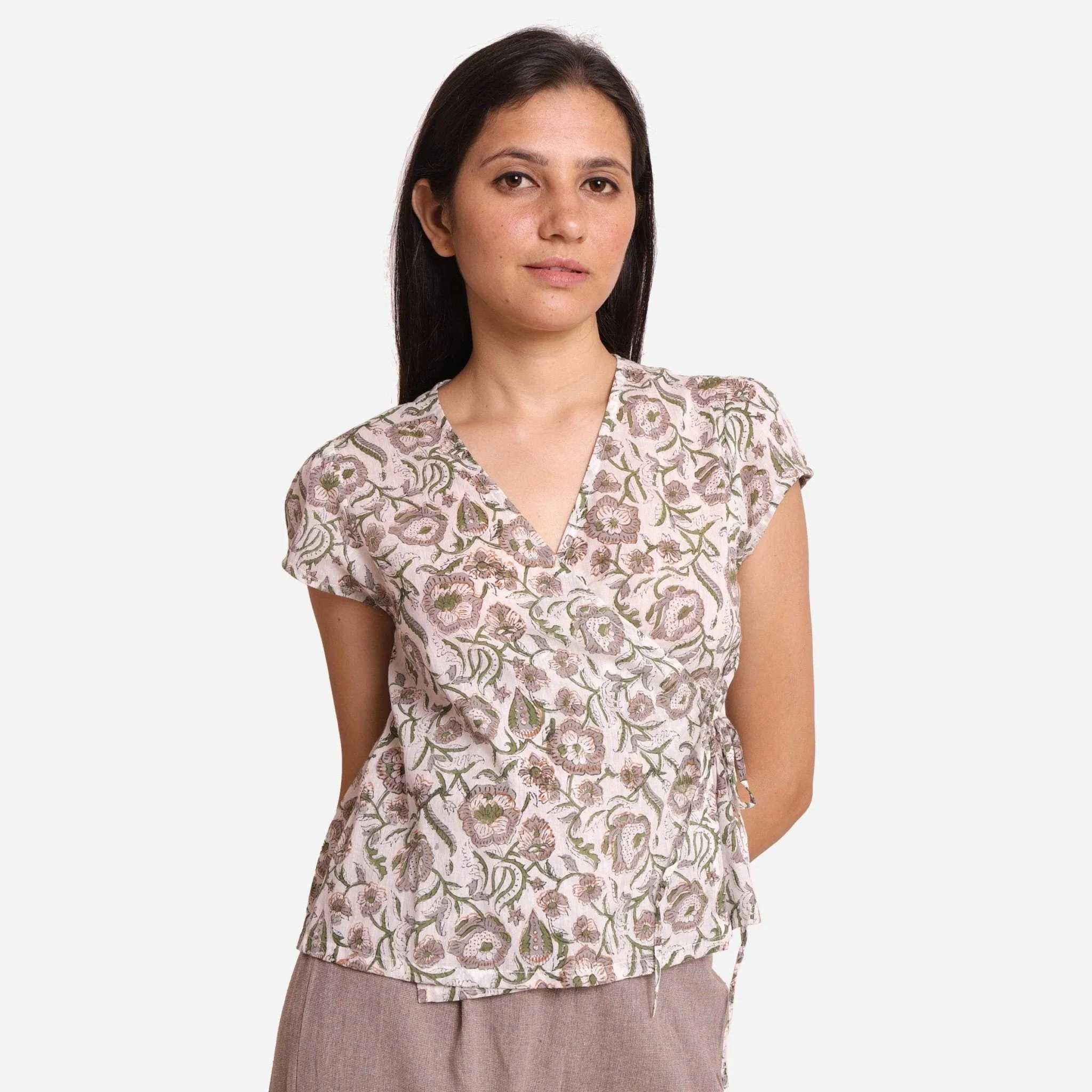 White Floral Block Print Cotton Surplice Neck Wrap Top