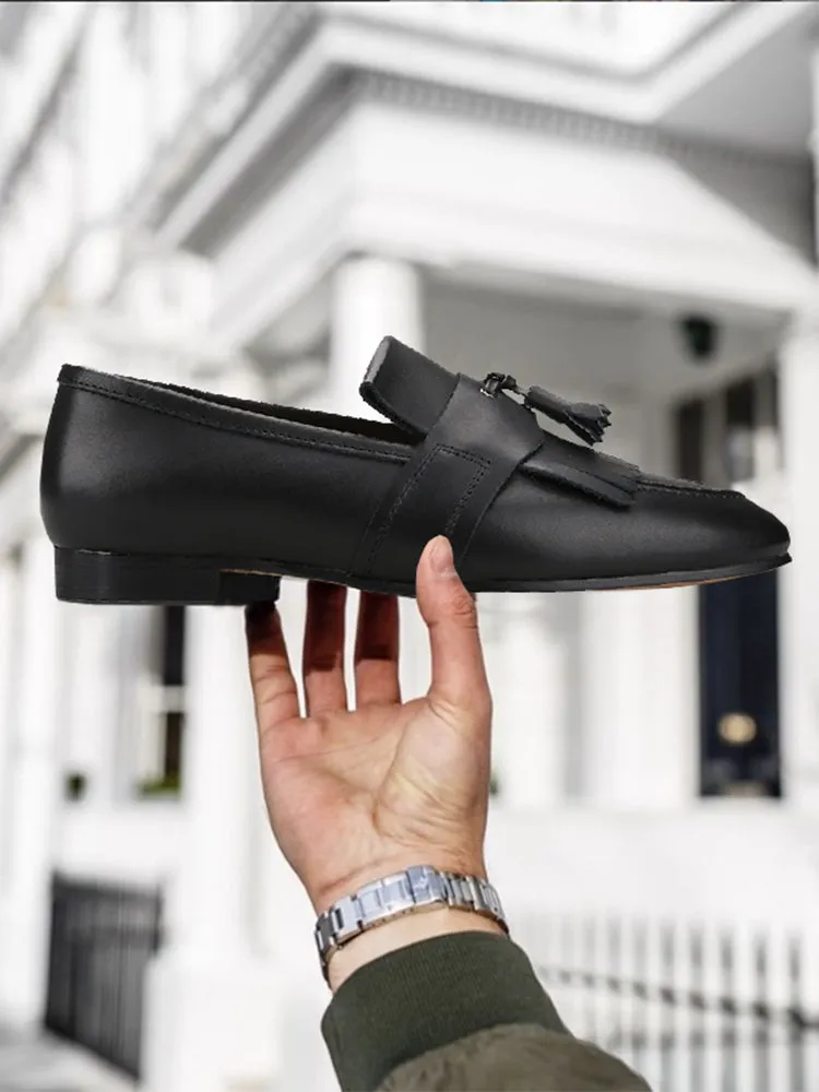 Winter new first-layer calf leather classic tassel loafers exported to Europe and the United States wedding banquet slip-on formal shoes