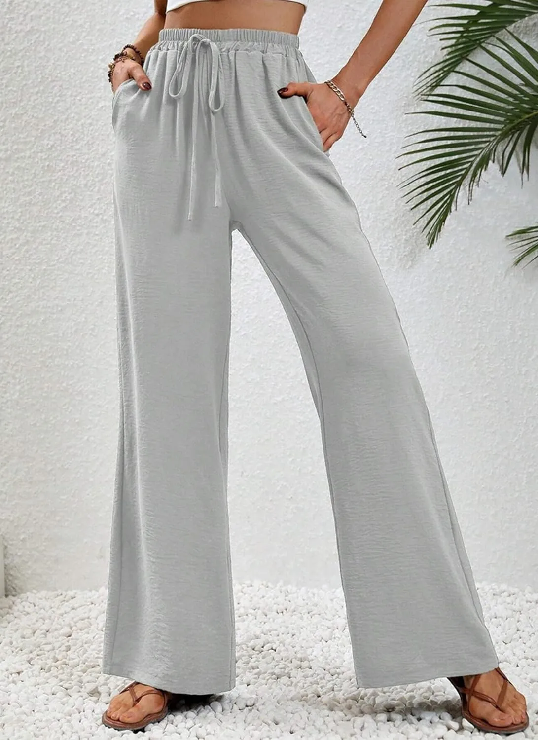 Women's Army Green Wide Leg Pants High Waist Drawstring Loose Fit Long Trousers with Pockets Casual Summer Beachwear