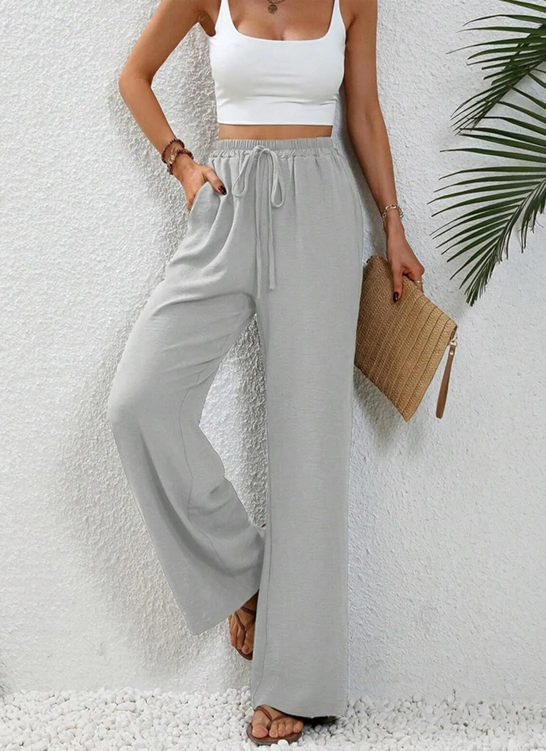 Women's Army Green Wide Leg Pants High Waist Drawstring Loose Fit Long Trousers with Pockets Casual Summer Beachwear