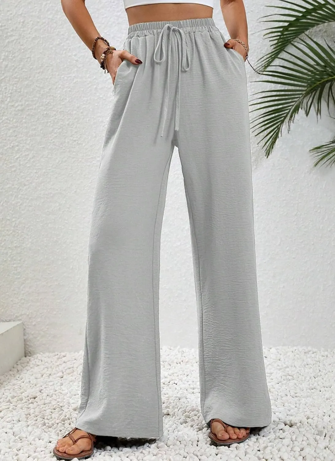 Women's Army Green Wide Leg Pants High Waist Drawstring Loose Fit Long Trousers with Pockets Casual Summer Beachwear