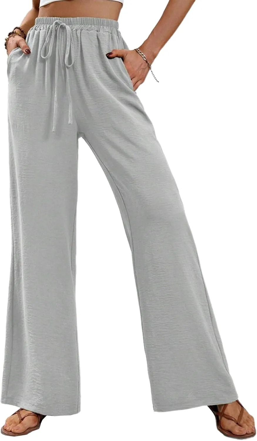 Women's Army Green Wide Leg Pants High Waist Drawstring Loose Fit Long Trousers with Pockets Casual Summer Beachwear